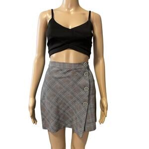 Chic Grey Plaid Wrap Skirt with Buttons